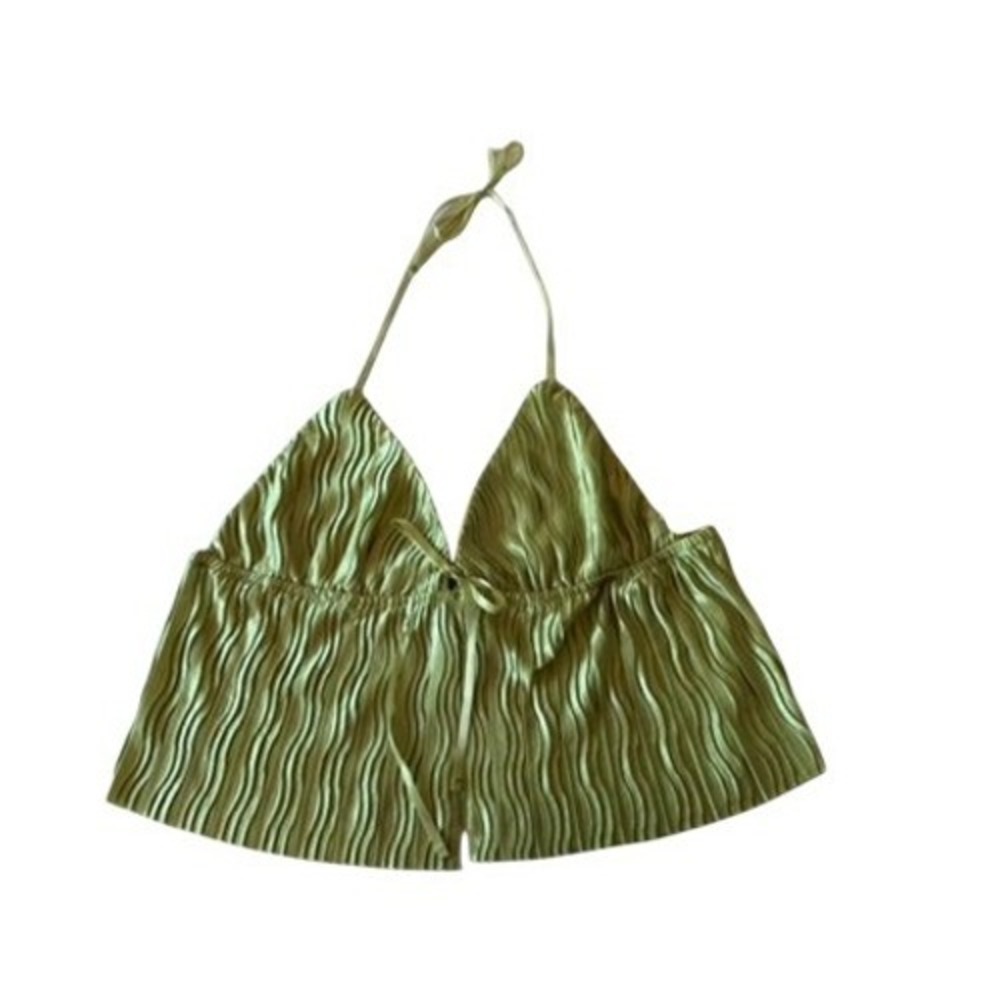 Lime Green Wavy Pleated Halter Top Triangle Tie Front‎ Festival Crop Top L Fairy